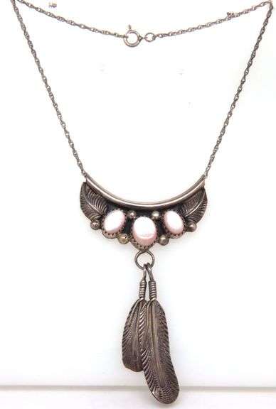 Mother of pearl three stone two feather necklace in sterling silver