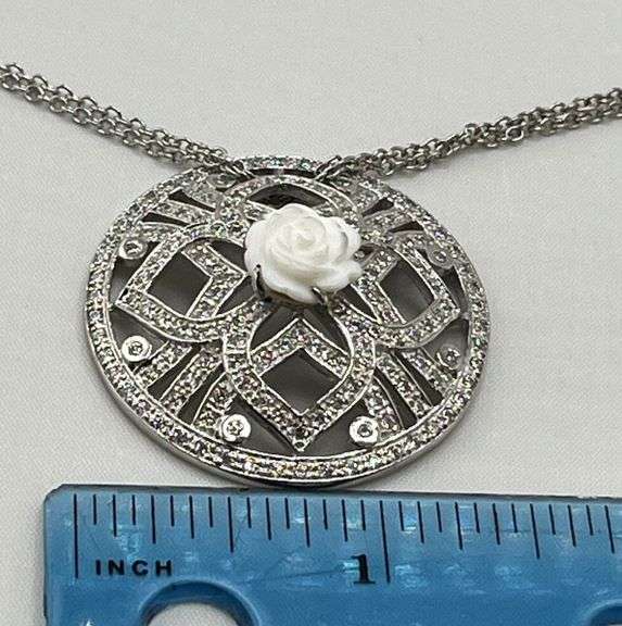 925 Sterling Silver Filigree Round Crystal Pave With carved Rose Motif In Center Pendant With Double