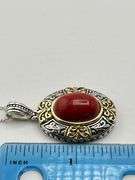 925 Sterling Silver Bezel Set Floral Pattern Red Coral Color Pendant With Chain Necklace