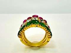 14 Kt Gold Plate Sparkling 17.5 Ctw Simulated Diamond Pink Sapphire and Emerald Ring