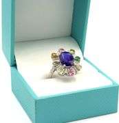 Fabulous 4.35CTS Oval Blue Sapphire, 1.30CTW Tourmaline  & Diamond Ring in 14KT White Gold Over Ster