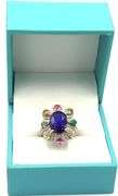 Fabulous 4.35CTS Oval Blue Sapphire, 1.30CTW Tourmaline  & Diamond Ring in 14KT White Gold Over Ster