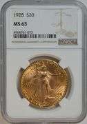 Blazing Gem BU 1928 St. Gaudens $20 Gold Piece. NGC MS65