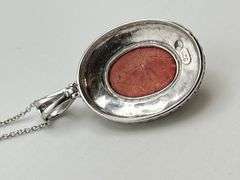 925 Sterling Silver Bezel Set Floral Pattern Red Coral Color Pendant With Chain Necklace