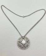925 Sterling Silver Filigree Round Crystal Pave With carved Rose Motif In Center Pendant With Double