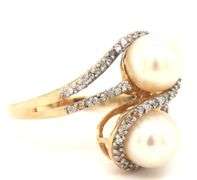 14kt Yellow gold 7-7.5mm double pearl and diamond loop ring