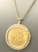 1907 $20 Liberty coin in rope bezel on chain