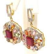 Sparkling 4,00CTW Emerald Cut Ruby, 5.00CTW Multi Color Sapphires and 0.28CTW Diamond Dangle Earring