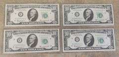 Lot of 4 Consecutive $10 U.S. Federal Reserve Notes, UNC