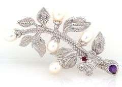 925 Sterling silver Judith Ripka fresh water pearl, amethyst and garnet brooch