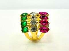 14 Kt Yellow Gold Plate Sparkling 17.5 Ctw Simulated Diamond Pink Sapphire and Emerald Ring