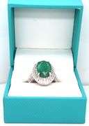 Dazzling 6.00CTS Oval Faceted Emerald & White Sapphire Ring in Sterling Silver
