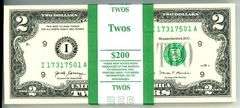 Scarce 2017-A Series Minneapolis District pack of 200 Gem CU $2 bills in sequence