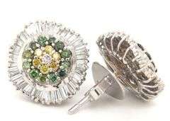 14kt White gold IRR green and yellow and baguette halo cluster earrings