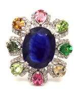 Fabulous 4.35CTS Oval Blue Sapphire, 1.30CTW Tourmaline  & Diamond Ring in 14KT White Gold Over Ster
