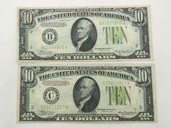 (2) 1934 Lime Green Seal $10 Federal Reserve Notes