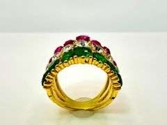 14 Kt Yellow Gold Plate Sparkling 17.5 Ctw Simulated Diamond Pink Sapphire and Emerald Ring