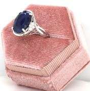 Exquisite 5.79CTS Oval Faceted Blue Sapphire & Diamond Ring in Sterling Silver
