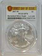 Perfect First Day of Issue 2017-W $1 Burnished Silver Eagle. PCGS SP70