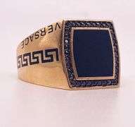 Men's 14kt Solid Yellow Gold, Onyx, & CZ VERSACE Ring. Total weight: 6.80 grams