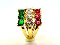 Gorgeous 14 K Yellow Gold Plate Christmas 12 Ctw Lab Simulated Ruby, White Diamond and Emerald Ring