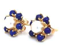 14kt Yellow gold Lapis and pearl flower stud earrings