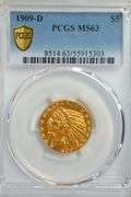 Lovely nearly Gem BU 1909-D $5 Indian Gold Piece. PCGS MS63