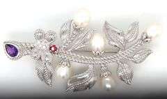 925 Sterling silver Judith Ripka fresh water pearl, amethyst and garnet brooch