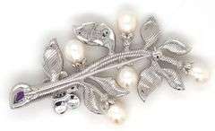 925 Sterling silver Judith Ripka fresh water pearl, amethyst and garnet brooch