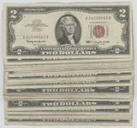 Large lot of 31 assorted 1953 & 1963 $2 Red Seal notes in circ