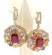Sparkling 4,00CTW Emerald Cut Ruby, 5.00CTW Multi Color Sapphires and 0.28CTW Diamond Dangle Earring