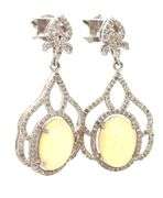 Enchanting Pair of 6.65CTW Oval Cabochon-Cut Opal W/ Fire and 1.30CTW Diamond Dangle Earrings in Ste