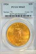 Solid Gem BU 1924 St. Gaudens $20 Gold Piece. PCGS MS65