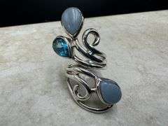 Sterling Silver 925 Natural Gemstone Blue Topaz and Angelite Ring Size 6.5 Adjustable
