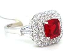 Red cushion cut and white round cubic zirconia ring in 925 sterling silver