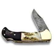 Damascus Folding Pocket Knife with Stag and Buffalo Horn Handle