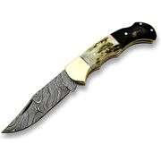 Damascus Folding Pocket Knife with Stag and Buffalo Horn Handle