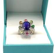 Fabulous 4.35CTS Oval Blue Sapphire, 1.30CTW Tourmaline  & Diamond Ring in 14KT White Gold Over Ster
