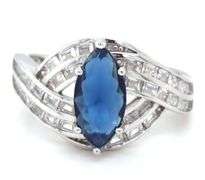 925 Sterling silver blue marquise and baguette cut white cubic zirconia ring