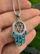 Sterling Silver Mosaic Hamsa Pendant Hand of God Star of David Jewish Charm 925