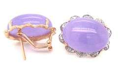 14kt Yellow gold oval Lavender Jade and diamond earrings