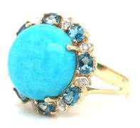 10kt Yellow gold turquoise and oval topaz and diamond halo ring