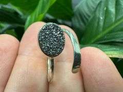 Sterling Silver 925 Titanium Coated Druzy Agate Crystal Stone Ring Adjustable Spoon Band