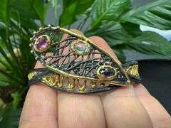 Oxidized & 18k Gold Plated Sterling Silver 925 Cuff Bracelet Adorned with Garnet, Amethyst & Aquamar