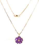 14kt Yellow gold heart shaped amethyst flower pendant on chain
