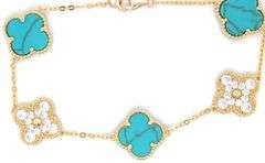 925 Sterling silver 12mm turquoise and cubic zirconia clover link bracelet