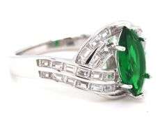 Green marquise and white baguette cubic zirconia ring in 925 sterling silver