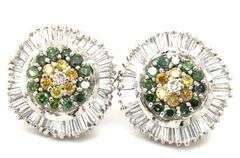 14kt White gold IRR green and yellow and baguette halo cluster earrings