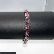 18 Kt White Gold Plated Lab Simulated 17 Ctw Pink Sapphire Princess Cut Bracelet