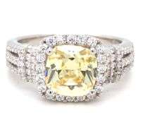 925 Sterling silver cushion cut yellow and round brilliant cut white cubic zirconia ring